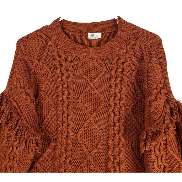 ANA Cable Knit Sweater Petite Small Bishop Sleeve Rust Orange Fringe Bohemian - Picture 3 of 13